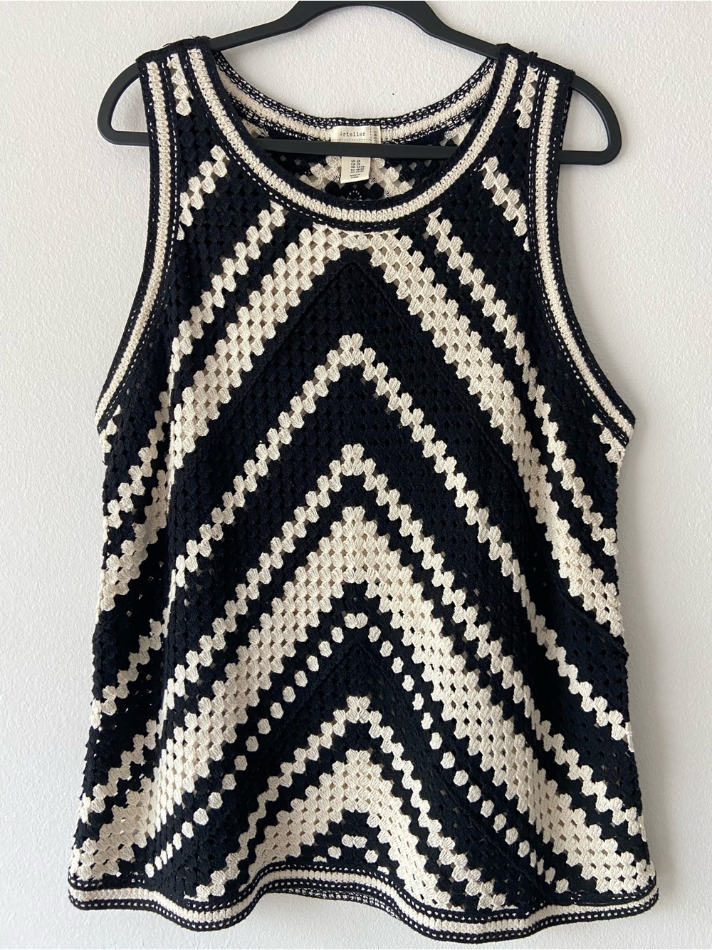 Nicole Miller Atelier Black Cream Crochet Knit Sleeveless Top Plus Size 2XL